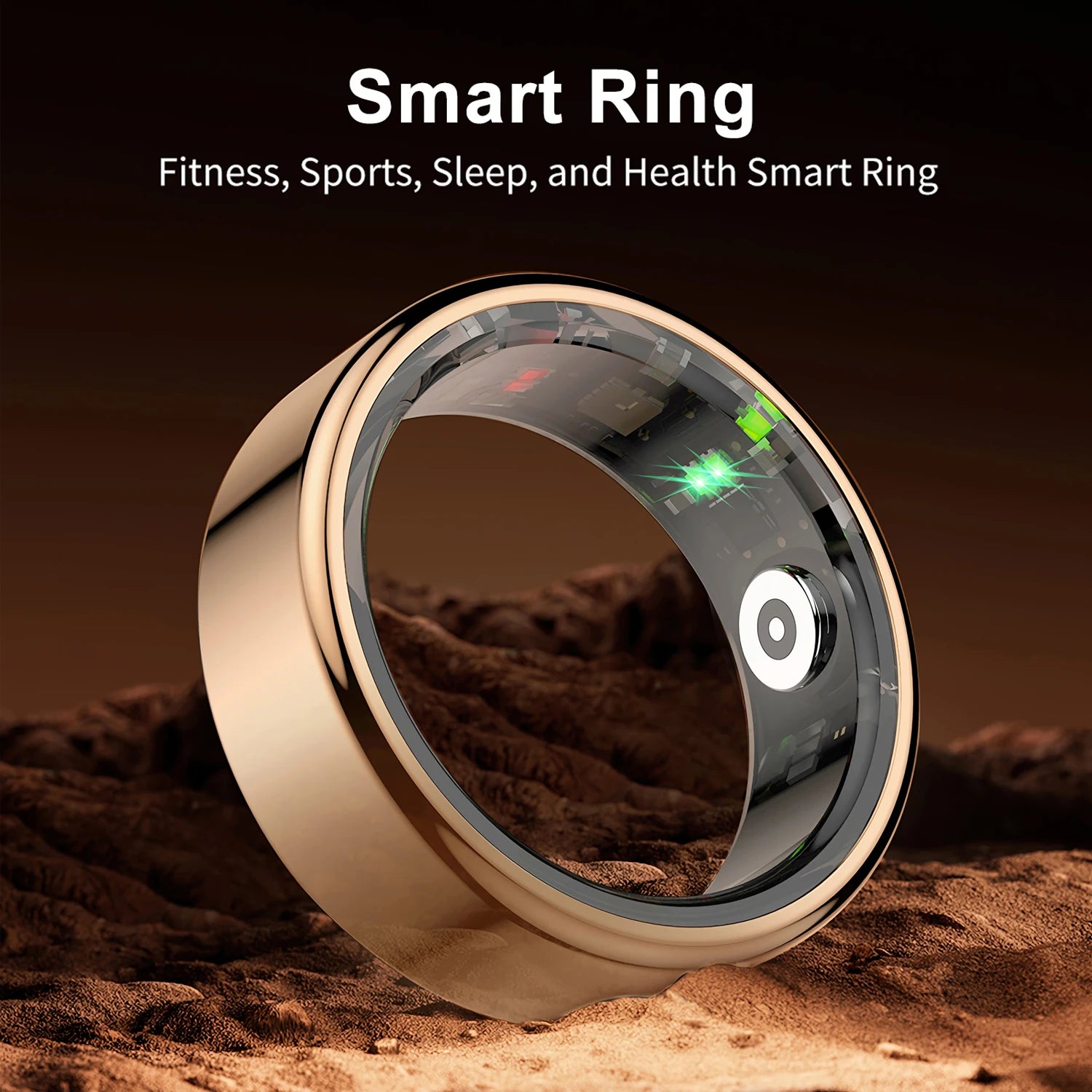 A sleek, polished gold smart health ring with an inner sensor array, displayed on a textured, rocky surface.