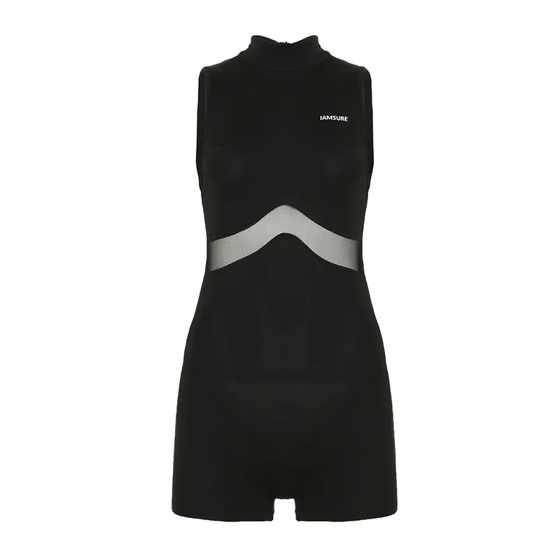 Black sleeveless mock neck playsuit with a V-shaped sheer mesh waist panel and white chest logo.