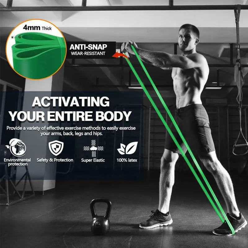 A man using a green, 4mm thick, anti-snap latex resistance band for a full-body workout in a gym.