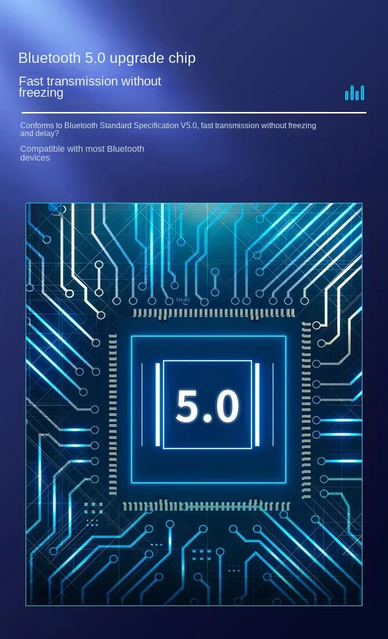 Blue digital circuit board graphic showing a central square with the number 5.0, highlighting Bluetooth 5.0 technology.