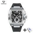 Mark Fairwhale luxury men's silver and black wristwatch with a tonneau-shaped case, chronographs, and rubber strap.