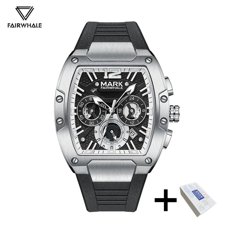 Mark Fairwhale luxury men's silver and black wristwatch with a tonneau-shaped case, chronographs, and rubber strap.