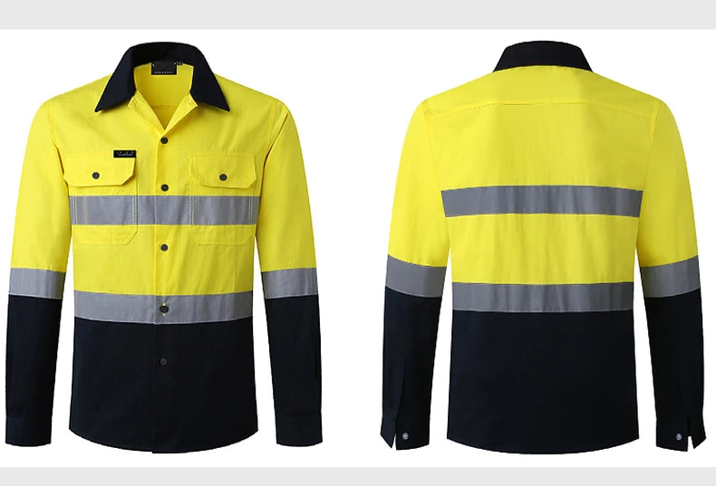 Front and back view of a high-vis yellow and navy long-sleeve work shirt with silver reflective safety strips.
