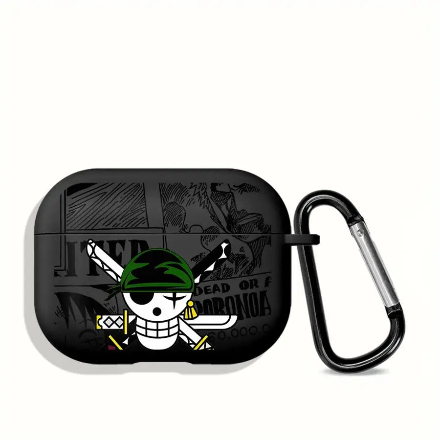 Black silicone AirPods Pro case featuring a One Piece Zoro skull graphic and a black metal carabiner clip.