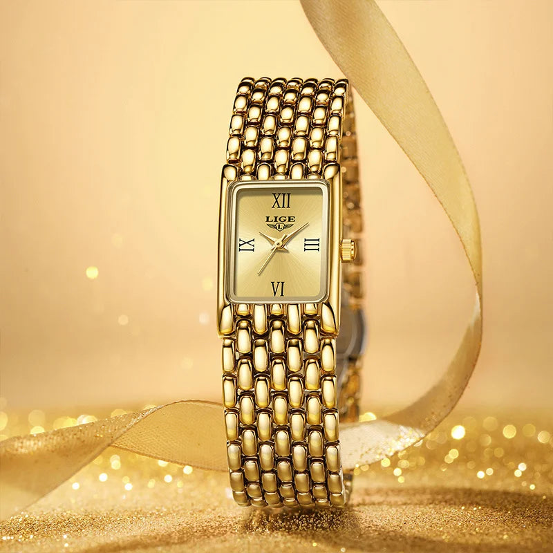Luxury gold-tone ladies' square watch with a textured link bracelet and Roman numeral dial on a gold ribbon background.