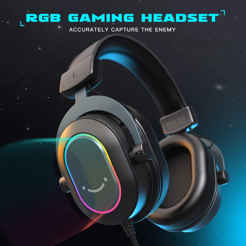 Black gaming headset with glowing RGB lighting around the earcups, featuring a sleek, modern design.