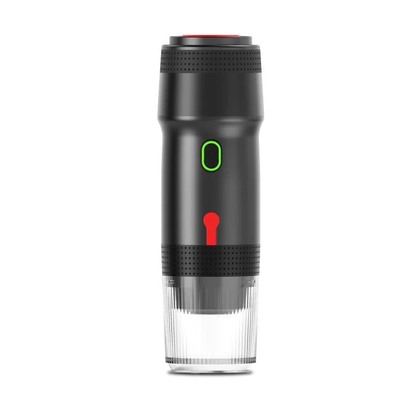 Black cylindrical portable espresso maker with a green button, red accents, and transparent cup base.