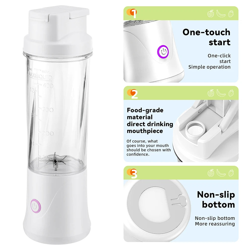 White portable electric blender with a clear cup, one-touch start button, and non-slip base design.