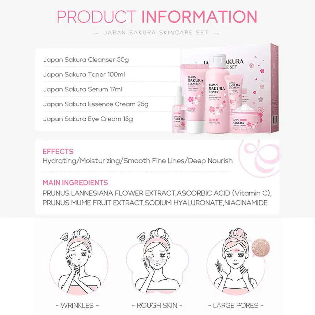 Pink sakura skincare set including cleanser, toner, serum, and creams to hydrate skin and reduce fine lines.
