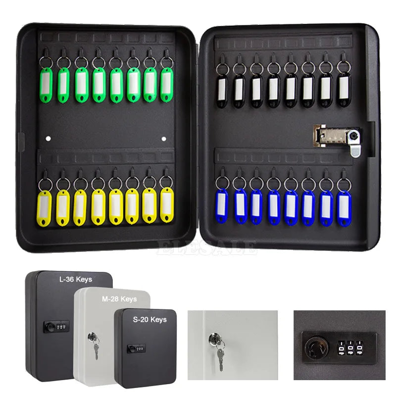Black metal key cabinet with hooks for hanging keys, colorful key tags, and both key and combination lock options.