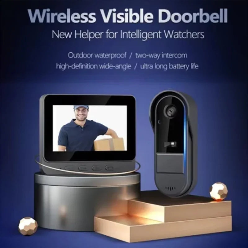Wireless video doorbell with a 4.3in screen, featuring a sleek black design, night vision, and two-way audio.