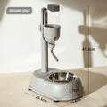 Gray ash pet water dispenser and feeder stand with hanging bottle, metal bowl, and size dimensions.
