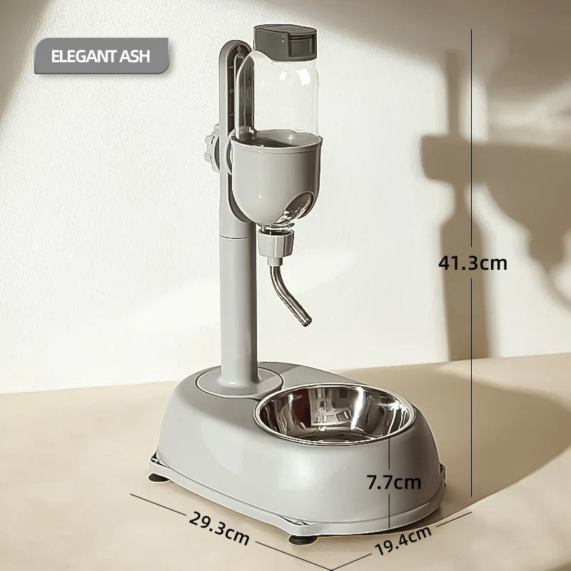 Gray ash pet water dispenser and feeder stand with hanging bottle, metal bowl, and size dimensions.