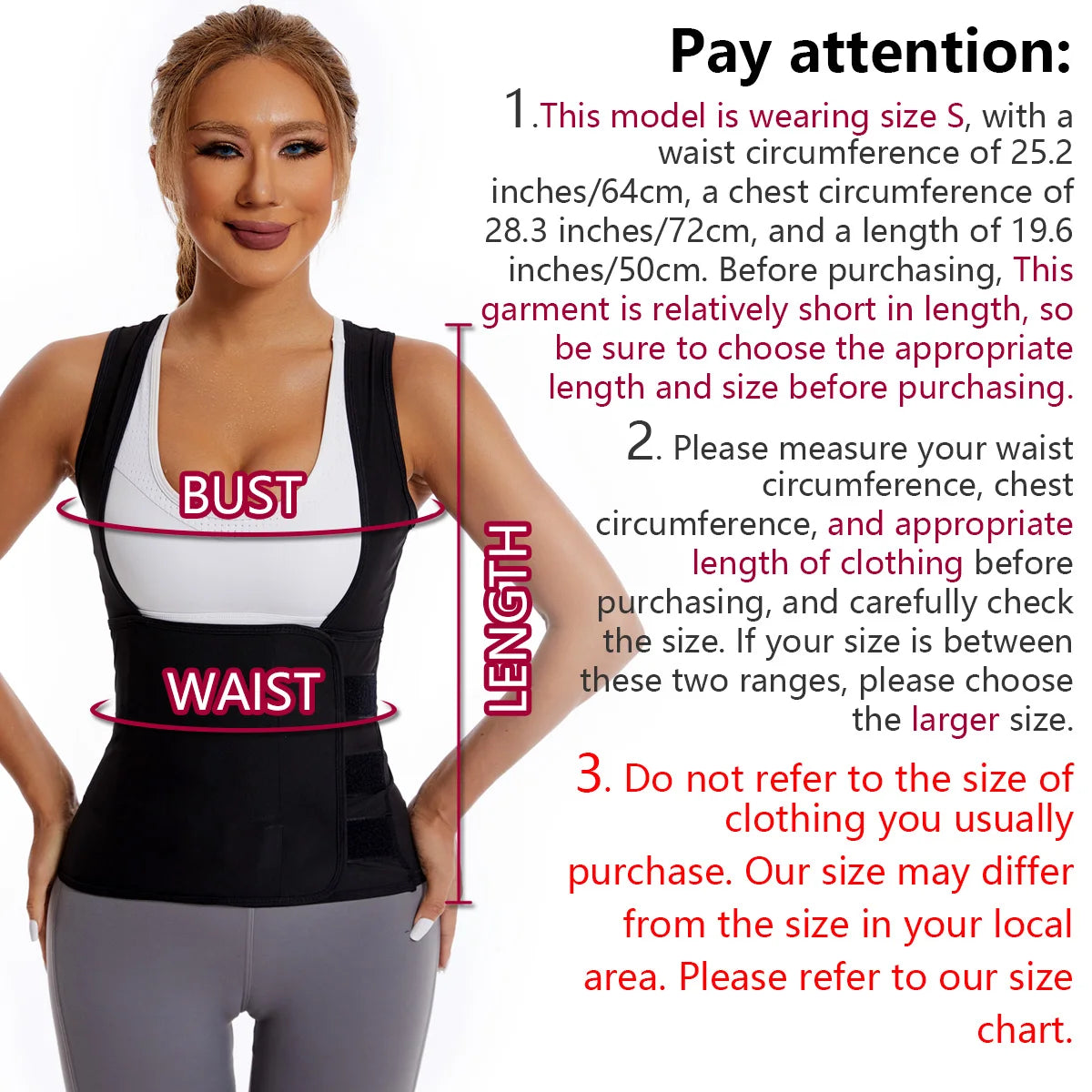 Model wearing a black, vest-style waist trainer over a white tank top with instructional sizing guide text.