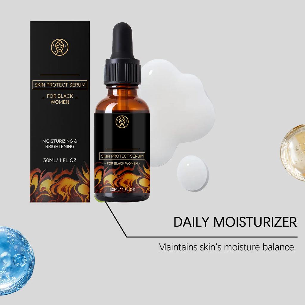 Moisturizing and brightening face serum in an amber dropper bottle with black and gold fire-patterned packaging.