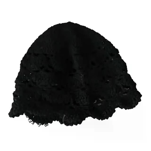 Black women's crochet beanie featuring a decorative hollow lace pattern and a scalloped edge.