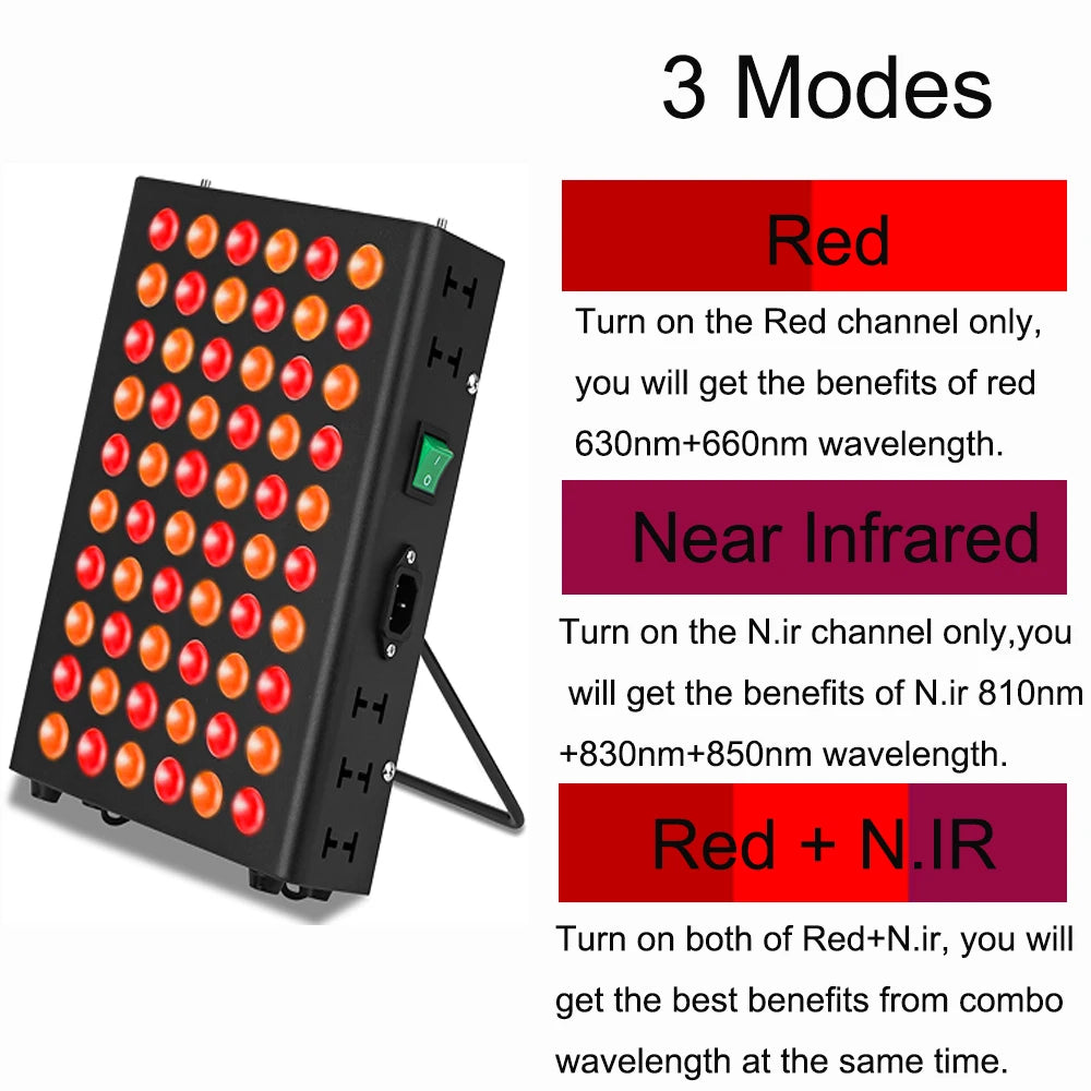 Red light therapy device with 3 modes: Red, Near Infrared, and Red + N.IR.
