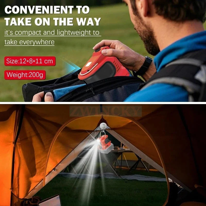 Compact, red and black portable 180W power inverter being packed in a bag and used as a camping lantern in a tent.