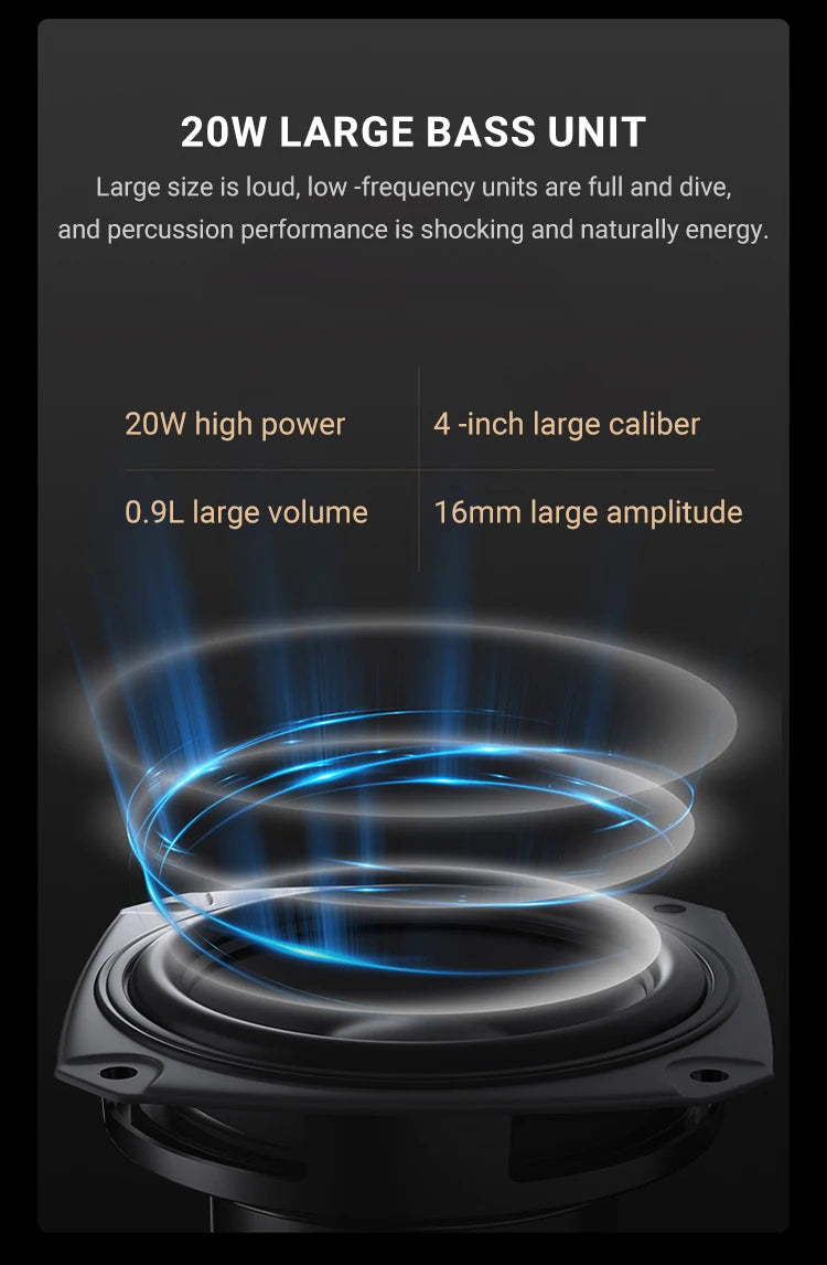 Black, circular bass speaker unit displaying powerful 20W output, 4-inch driver, and dynamic blue sound waves.