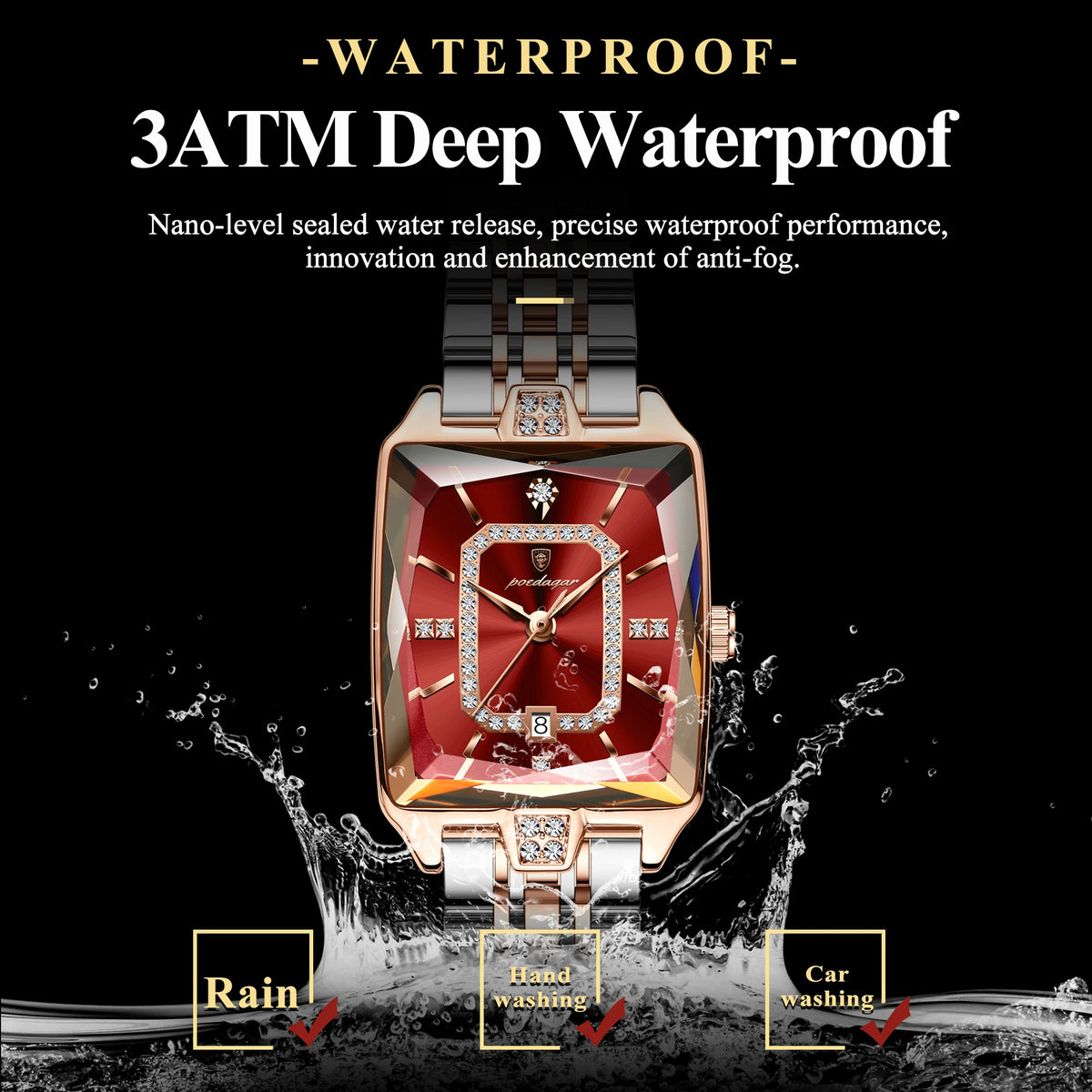 POEDAGAR rectangular women's watch in rose gold and silver with a red crystal-studded dial and date display.