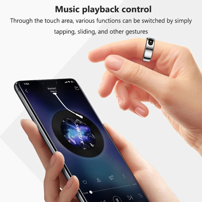 A sleek, silver smart health ring being worn on a finger, demonstrating gesture-based music control on a smartphone.