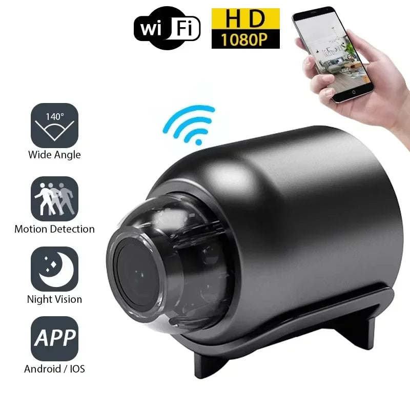 Black plastic wireless 1080p security camera with motion detection, wide-angle lens, night vision, and app control.