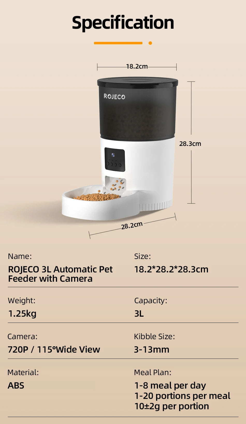 White and black 3L automatic pet feeder with a built-in camera, shown with technical specifications and dimensions.