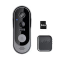 Sleek grey wireless smart doorbell with camera, night vision, doorbell button, 64GB memory card, and matching chime.