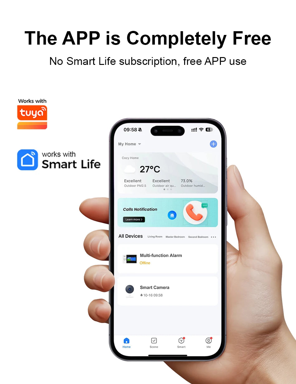 Hand holding a smartphone displaying a smart home alarm app interface with device monitoring and status notifications.