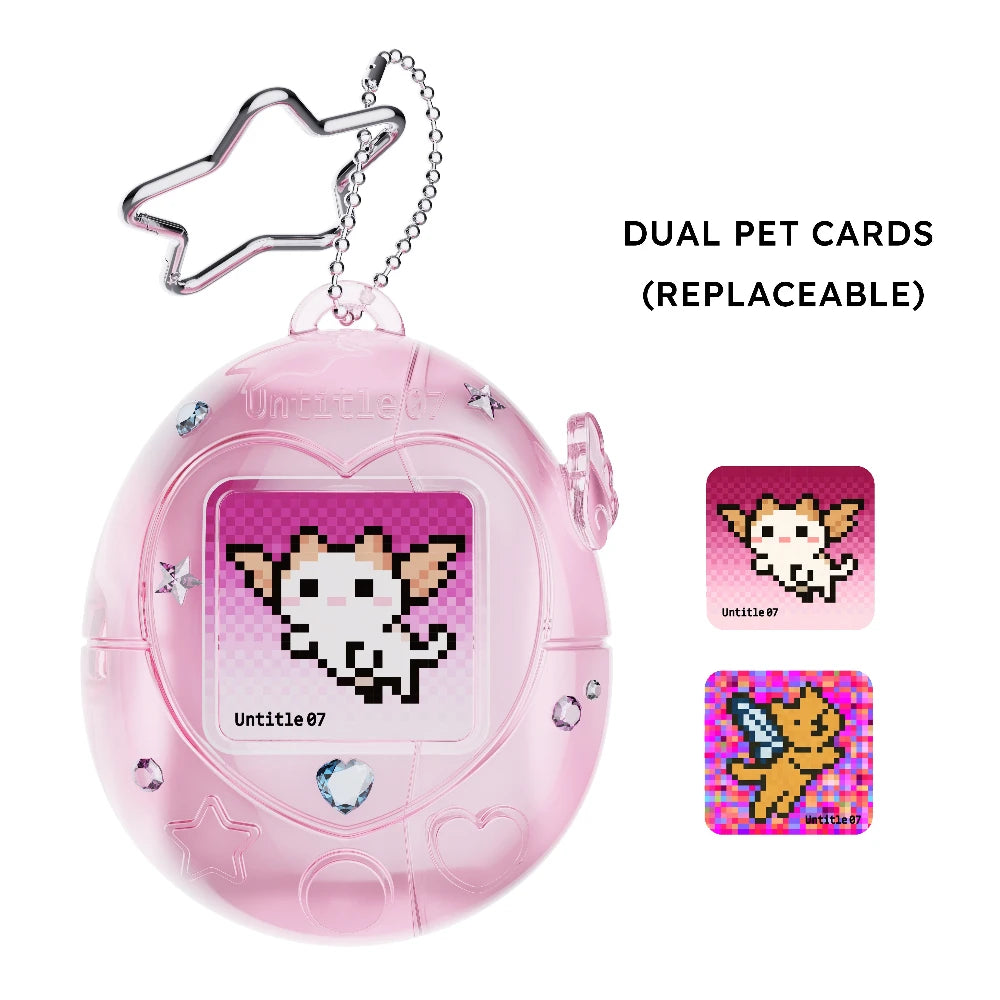 Pink translucent Tamagotchi-style AirPods case with star charm and two swappable pixel art pet inserts.