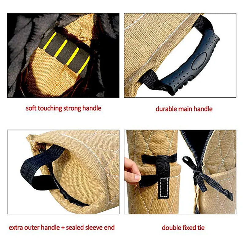 Tan jute dog bite training sleeve with a hard outer handle, internal soft grips, and secure strap closures.