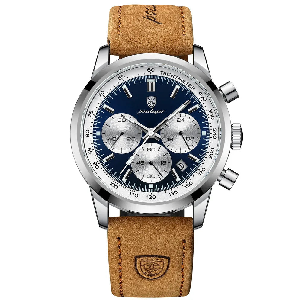 POEDAGAR silver chronograph men's watch with blue dial, three sub-dials, tachymeter bezel, and tan leather strap.