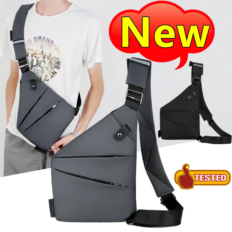 Grey and black slim, waterproof anti-theft chest bags with an adjustable shoulder strap and zipped pockets.