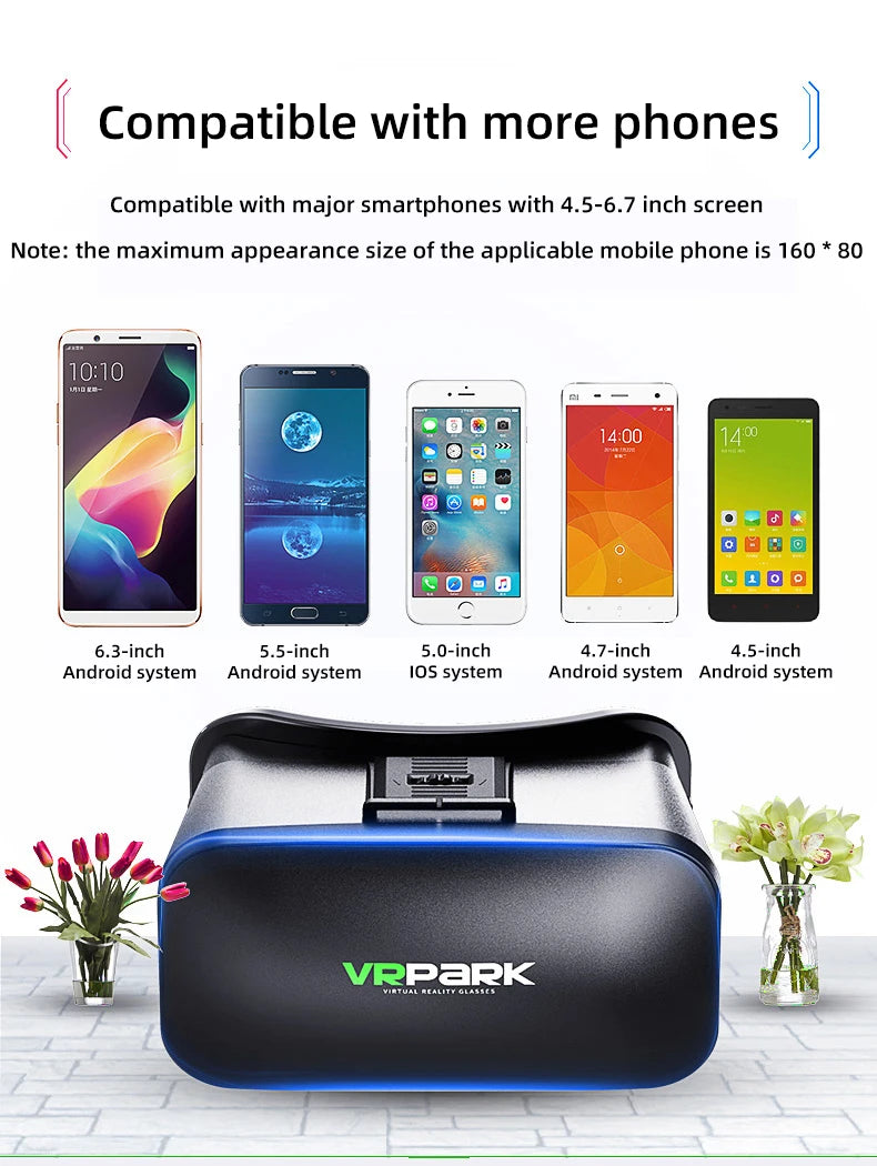 Black VR headset with blue trim, compatible with 4.5–6.7 inch smartphones. Shown with five phone examples.