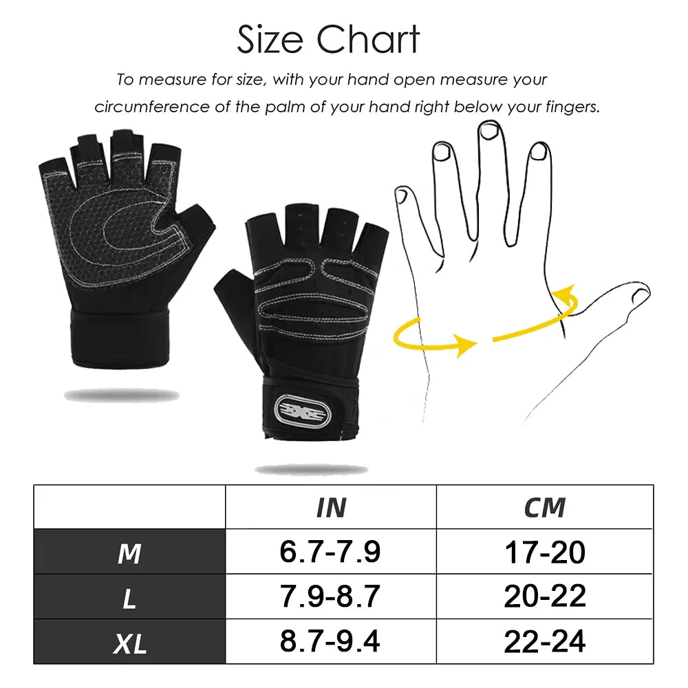 Size chart for black fingerless fitness gloves showing how to measure palm circumference for M, L, and XL sizes.