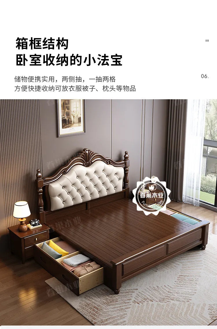 Retro dark wood 180x200cm double bed frame with a tufted cream headboard and integrated side storage drawers.