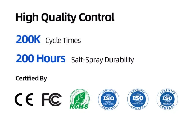 Graphic showing quality standards: 200,000 cycle durability, 200 hours salt-spray resistance, and various ISO certifications.