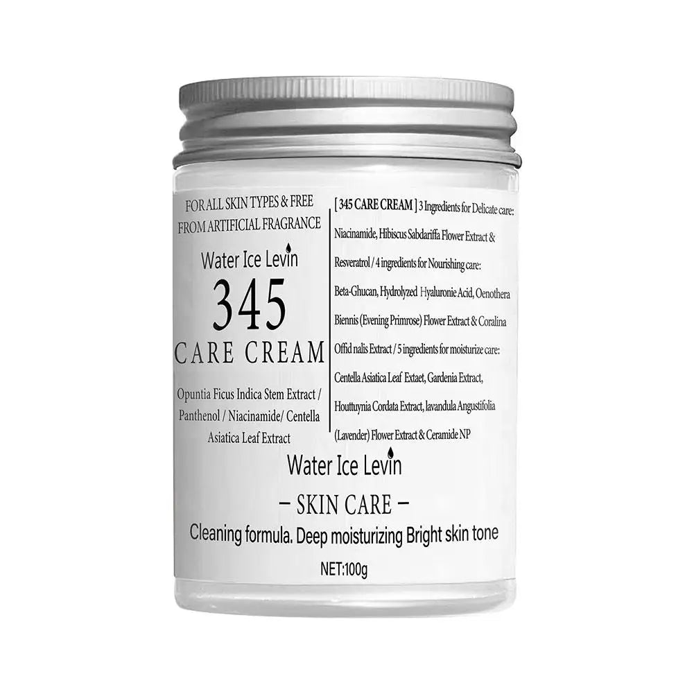 Clear jar of 100g hydrating face cream with a white label detailing herbal ingredients, fragrance-free formula.