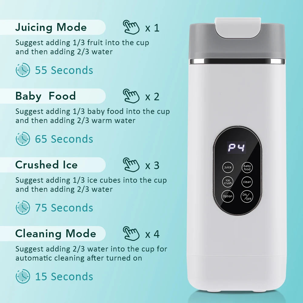 White portable blender with a grey lid, digital touch display, and four operational modes shown in an infographic.
