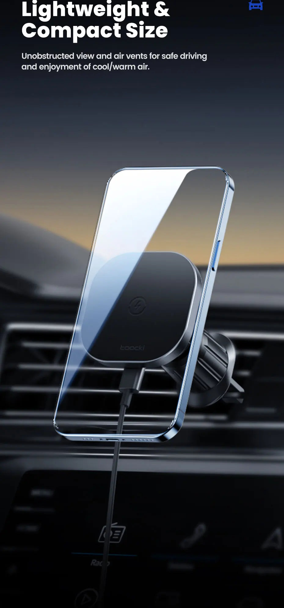 Black, compact magnetic car phone mount attached to a vehicle air vent, holding a smartphone.