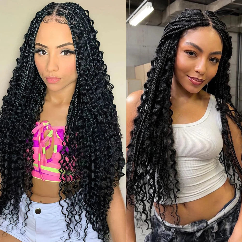 Two women wearing long, black 26-inch deep wave human hair styled in bohemian braids.