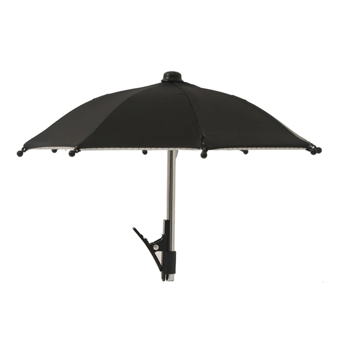 Small black parasol umbrella with a sturdy metal shaft and a convenient built-in attachment clip.