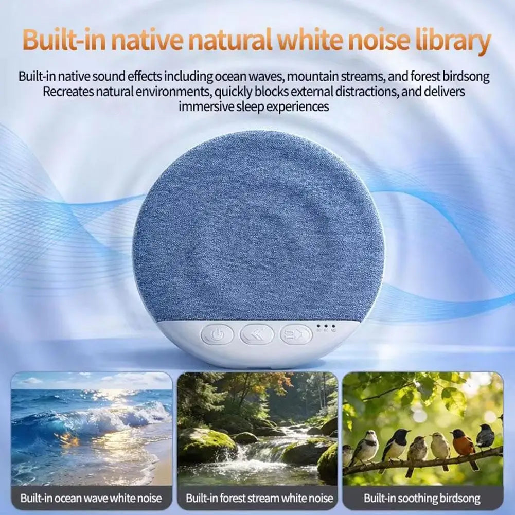 Blue fabric-covered, round wireless pillow speaker with white control buttons, featuring natural sound settings.