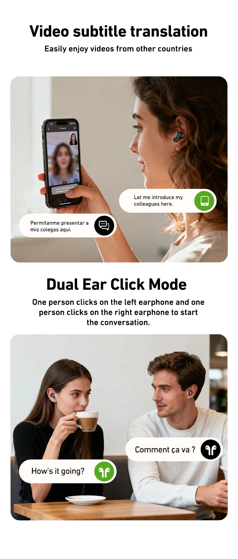Black wireless earbuds used by people to translate video subtitles and facilitate live multilingual conversations.