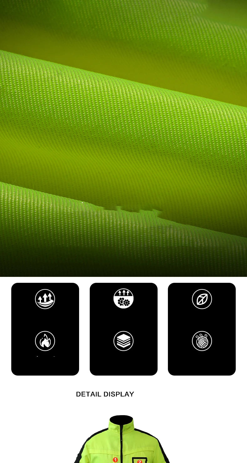 Close-up of neon yellow fabric showing texture and technical icons for a high-visibility, protective work jacket.