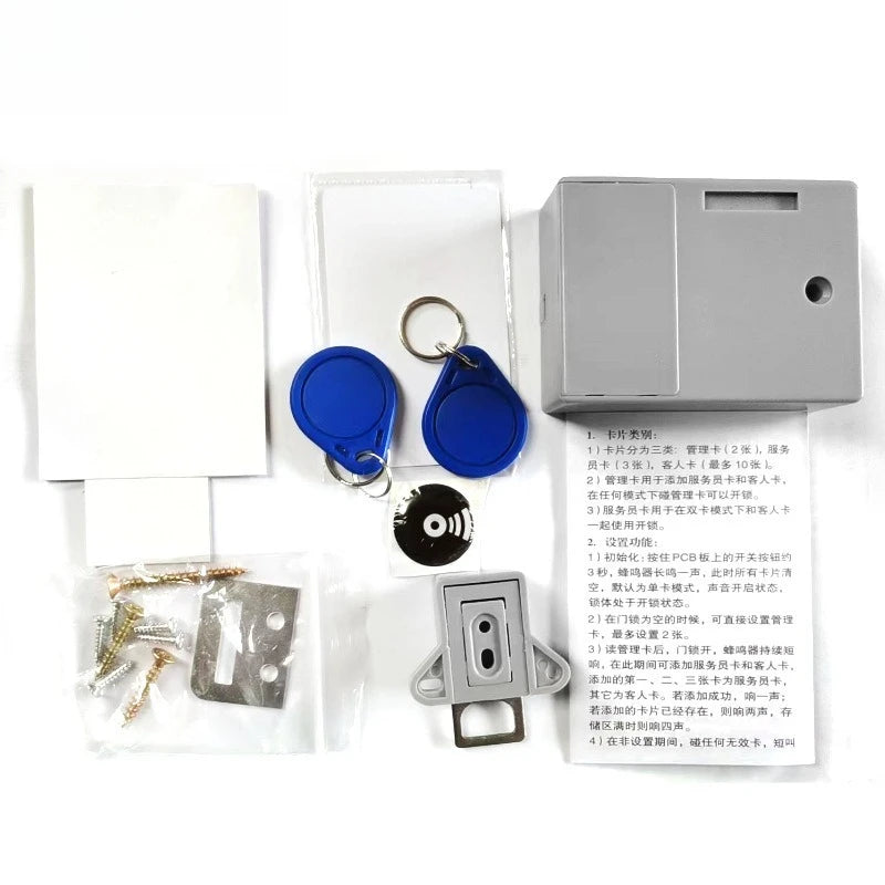 RFID cabinet lock kit with grey plastic housing, two blue fobs, metal latch, screws, and instruction manual.