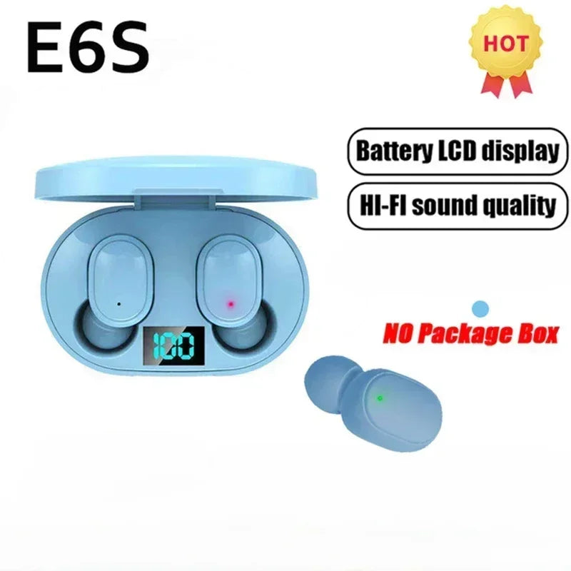 Light blue wireless earbuds in a charging case with a digital battery display.