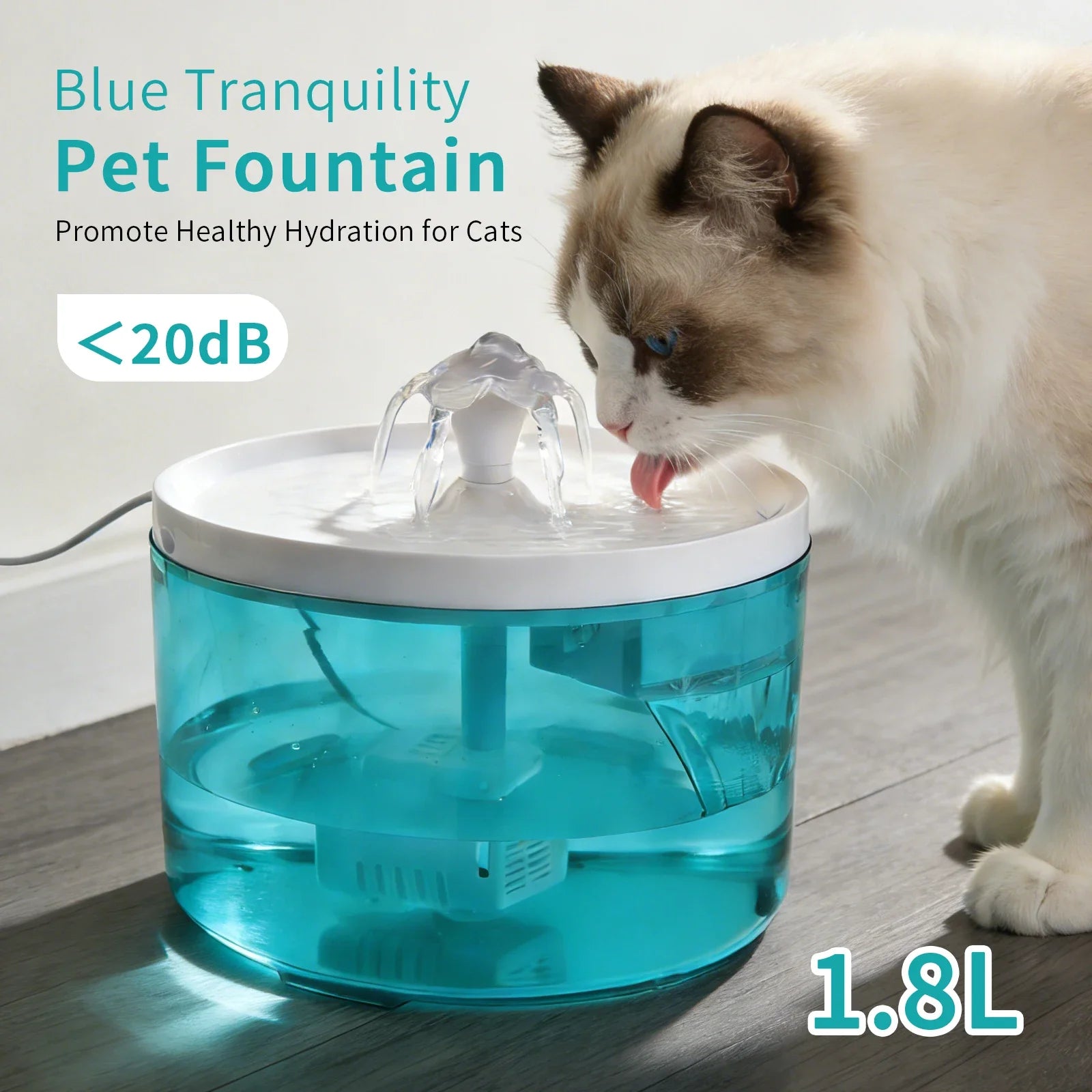 A cat drinks from a transparent blue 1.8L silent pet water fountain with a white top and gentle flowing water spout.