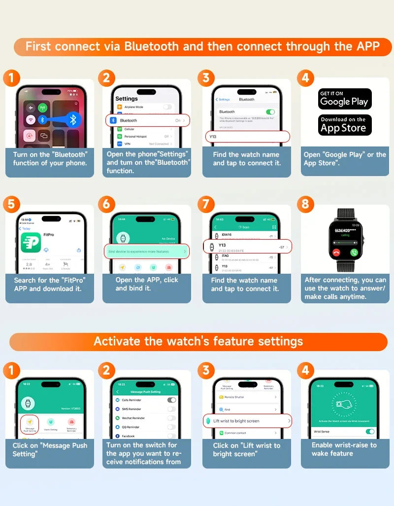 An instruction graphic showing how to connect a black smartwatch with a 1.44-inch screen to a smartphone via Bluetooth.