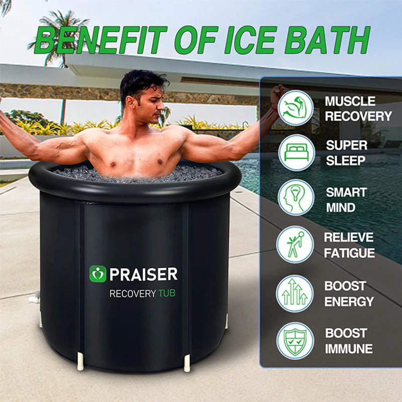 A man sits in a black PRAISER recovery tub filled with ice, beside text listing ice bath benefits.